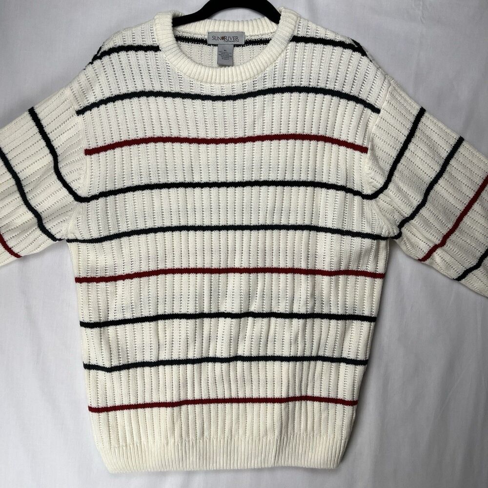 Sun River Clothing Co Pull Over Knit Sweater Women’s XL Red Black Ivory Stripes - Picture 6 of 12